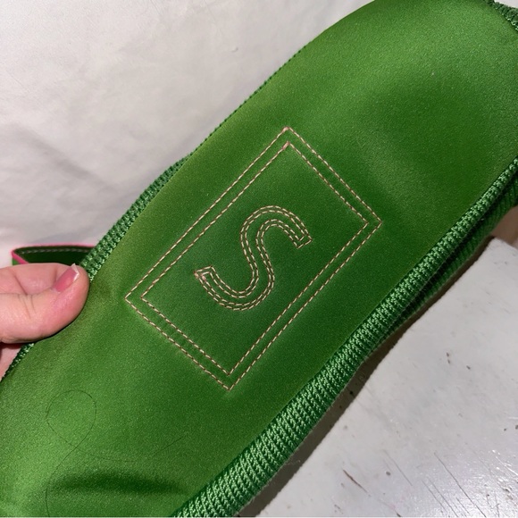 The SAK Belinda Satchel Kelly Green Knit Bag Pink Trim Canvas Straps Buckles - Picture 3 of 12